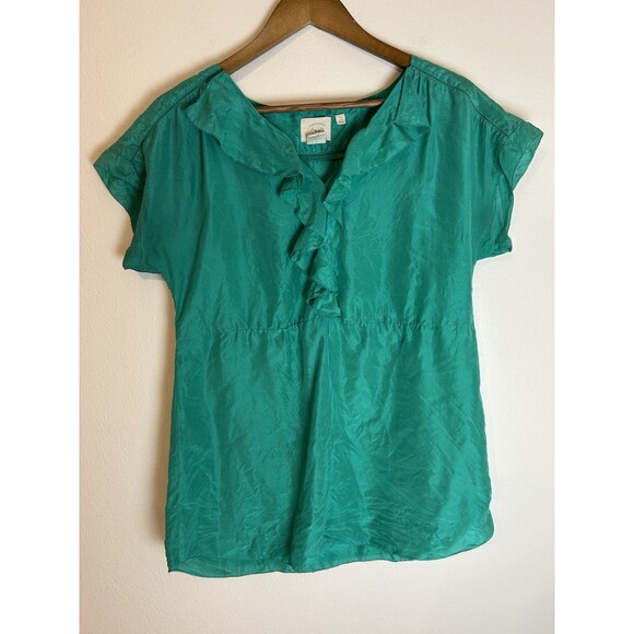 Anthropologie 4 Silk Blouse Blue Ruffle Neck Top Satin Boho Peasant Fairy Whimsy - Picture 1 of 4